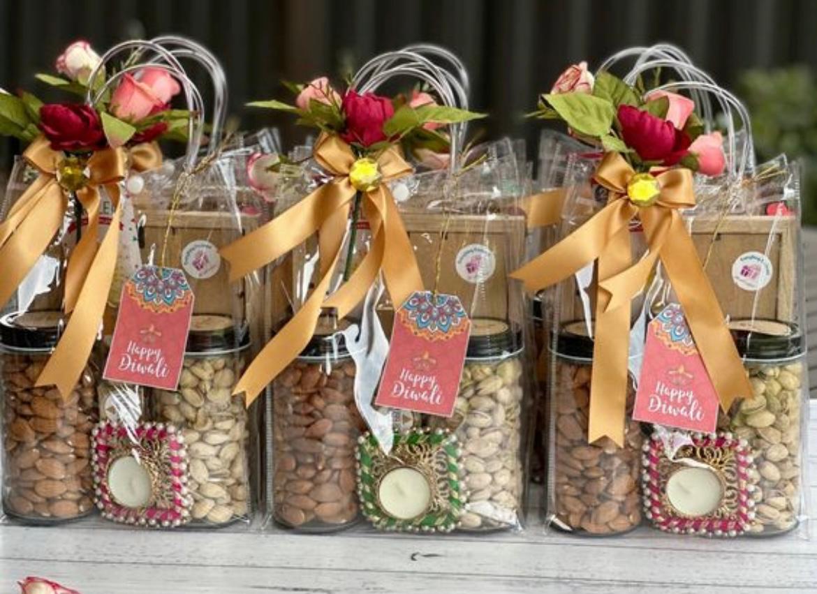 Festive Diwali gift jars with Happy Diwali tags